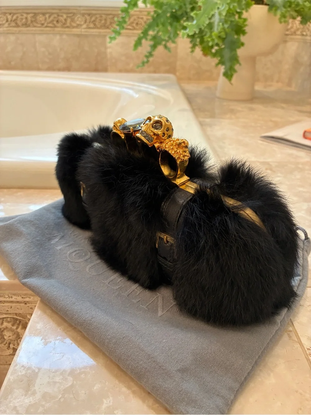 Alexander McQueen Black Fur Knuckle-Embellished Clutch with Gold Hardware